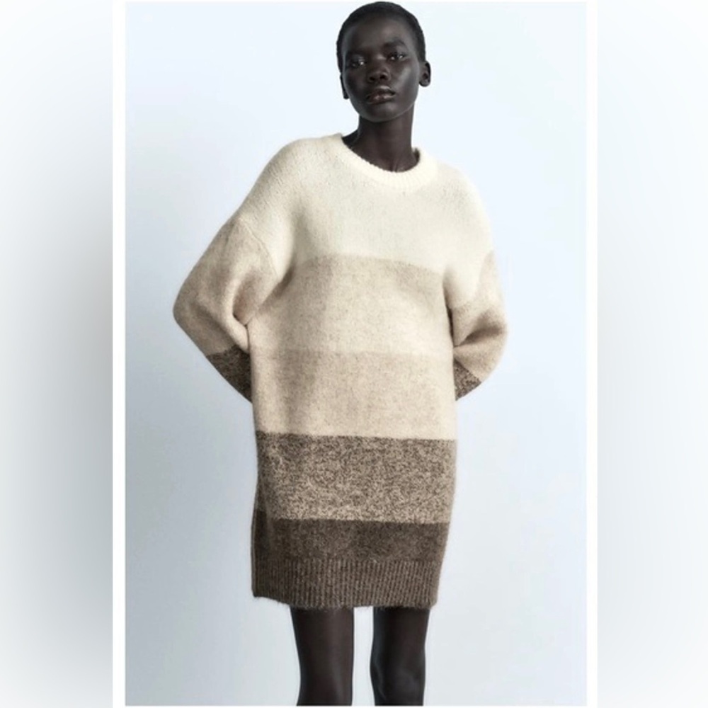 Zara Cream and Brown Midi Sweater Dress